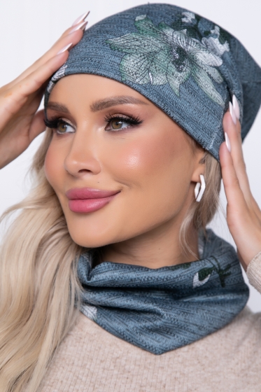 Комплект шапка и снуд (цветы/зеленый) ШС11