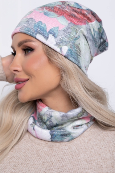 Комплект шапка и снуд (цветы/розовый) ШС08