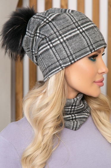 Комплект шапка с помпоном и снуд ШПС1 (клетка)