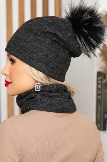 Комплект шапка с помпоном и снуд (темно-серый) ШПС3