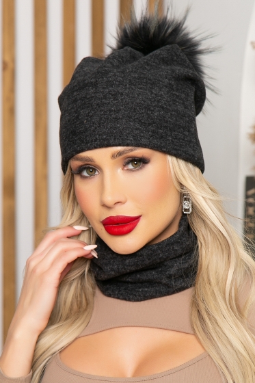 Комплект шапка с помпоном и снуд (темно-серый) ШПС3